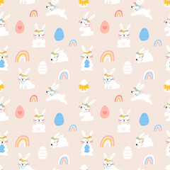 Fototapeta na wymiar Vector color hand-drawn children cute easter seamless pattern with hens, bunny, easter eggs, flowers in scandinavian style. Easter colorful set. Doodle cartoon spring background. Happy easter.