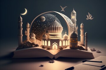 illustration an open book with a mosque and a moon on the top made with generative AI