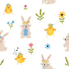 Vector color hand-drawn children cute easter seamless pattern with hens, bunny, easter eggs, flowers in scandinavian style. Easter colorful set. Doodle cartoon spring background. Happy easter.