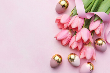 Pink tulips and Easter eggs background