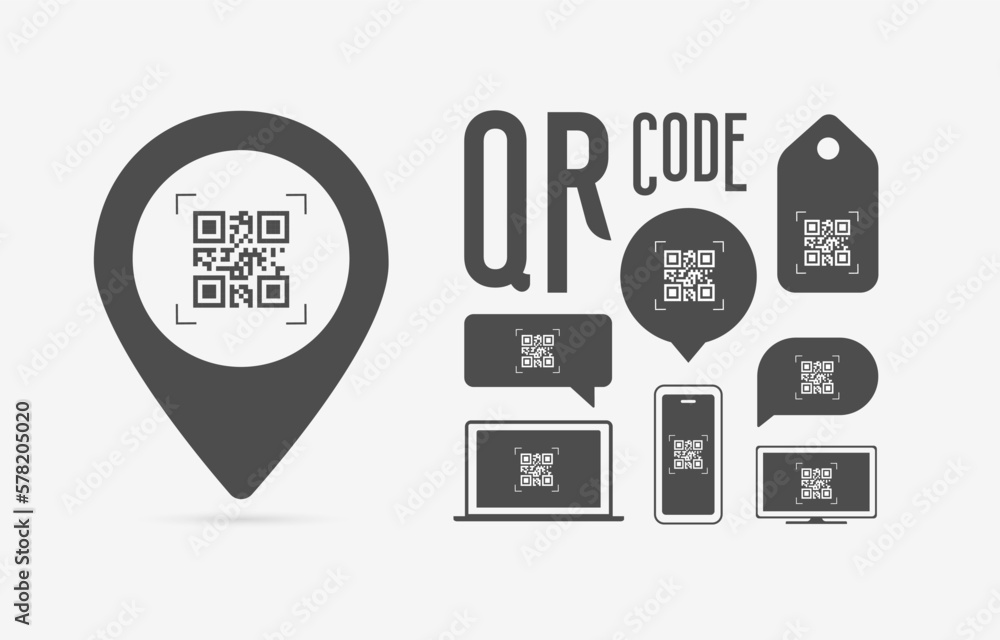 Poster qr code illustration vector set. qr code on map pin icon, various chat bubbles, and icons of smartph