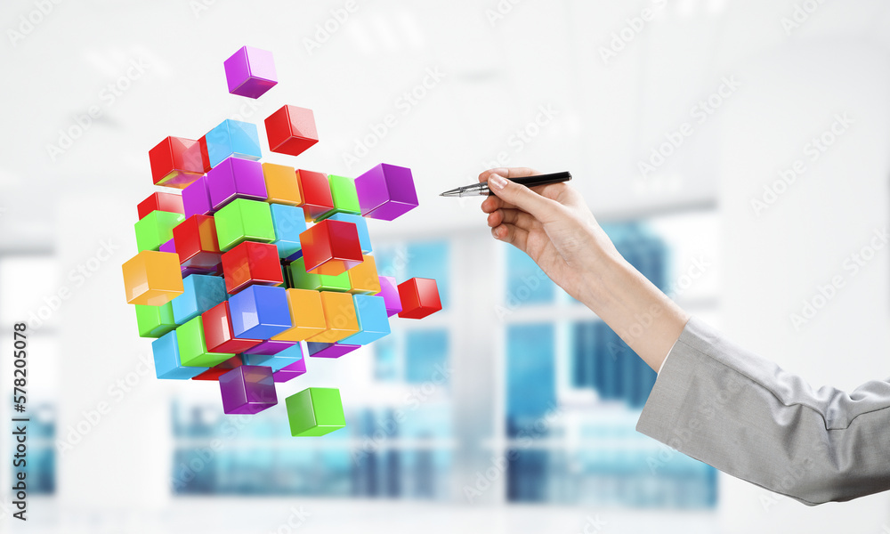 Fototapete integrating new technologies concept with cube figure floating in air. mixed media