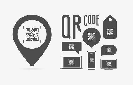 QR Code Illustration Vector Set. QR Code On Map Pin Icon, Various Chat Bubbles, And Icons Of Smartphone, Laptop, And TV Screen. Ideal For Website Design And App Development