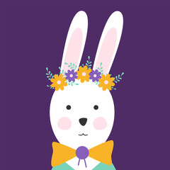 Easter rabbit with flower wreath on head. Spring vector illustration of cute white hare. Holiday easter template for greeting card with bunny and plant elements. Funny animal face.