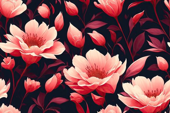Seamless flowers pattern painting with trendy colors. Print Design, generative ai, perfect for interior, furniture and fashion.