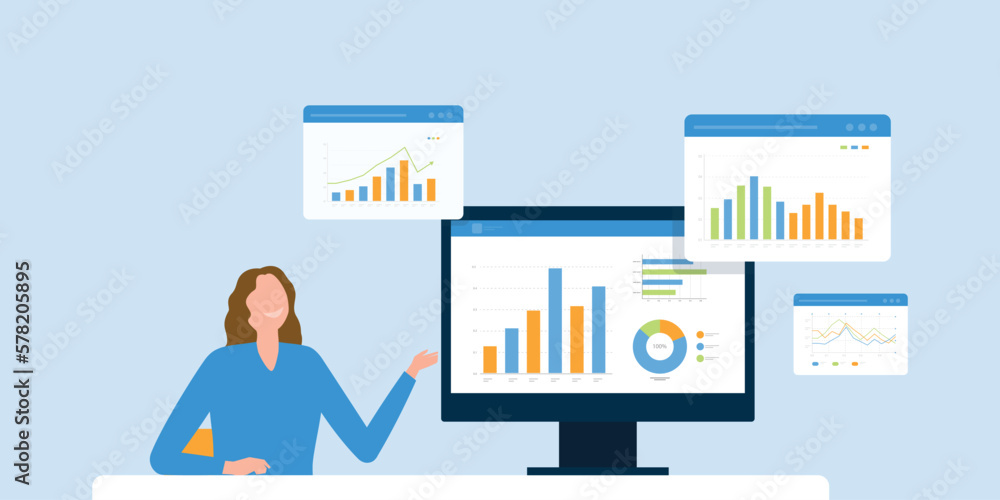 Poster business people working for data analytics graph report dashboard and monitoring for business market