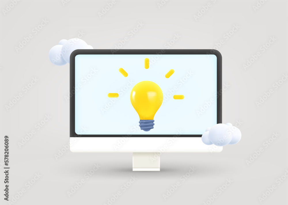 Poster computer monitor with lightbulb and blank screen. inspiration concept. 3d vector illustration