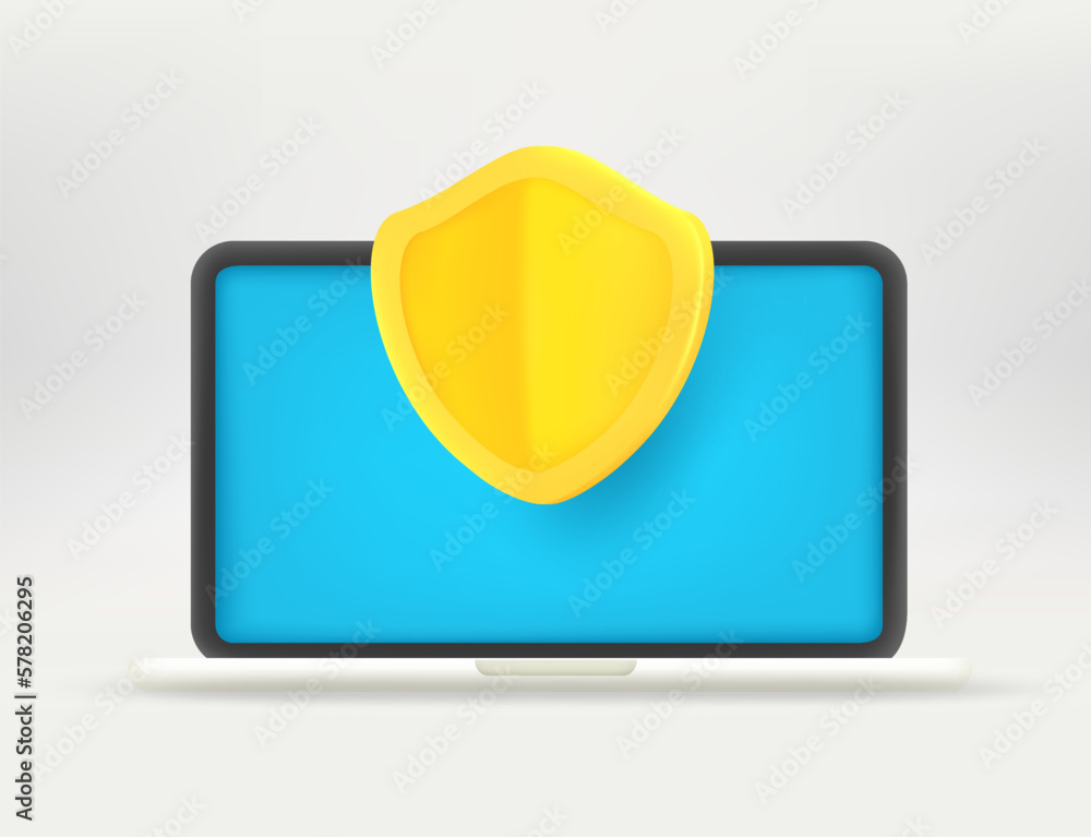 Poster modern laptop with shield. computer security concept. 3d vector illustration