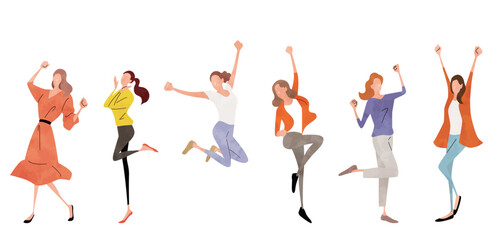 ベクターイラスト素材：喜ぶ女性たち、歓喜する女性たち、人物セット

