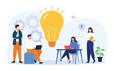 Business team meeting in office concept. Business team discussing ideas for startup. Vector Illustration.