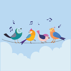 Group of birds family in love icon character vector illustration. beautiful animal hand drawn design for cards, poster, cover and prints.