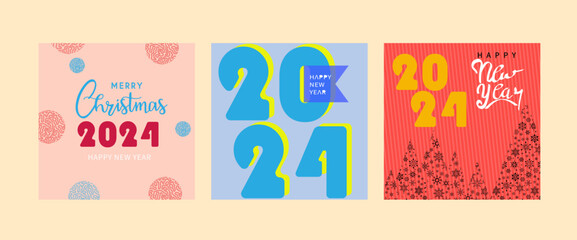 Creative concept of Happy New Year. Set of logo 2024 design templates with typography for celebration and season decoration. 2024 Minimal trendy backgrounds for branding, cover, banner, card, poster