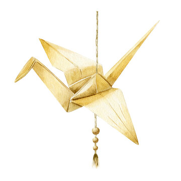 Japanese paper crane. The traditional origami crane is beige in color. Watercolor illustration. Beautiful cute hand drawn painting for decoration, postcards. Asian culture