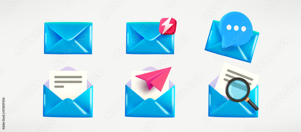 Poster different blue envelopes opened and closed. 3d vector clipart isolated on white background