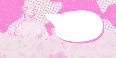Contemporary digital collage art. Modern trippy design. Statue and dialogue space