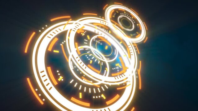 Abstract round yellow ring of lines HUD elements circles energy futuristic scientific hi-tech digital abstract HUD background. Video 4k, 60 fps