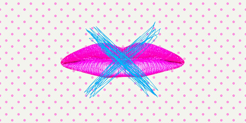 Contemporary digital collage art. Modern trippy design. Lips not for kiss concept