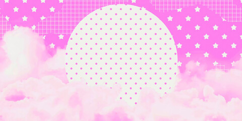 Contemporary digital collage art. Modern trippy design. Mix sky clouds and abstract geometry background