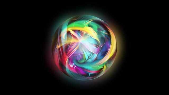 A colourful twisted ball of light with random, twisting, flow and pulses. Artificial intelligence or first contact concept.