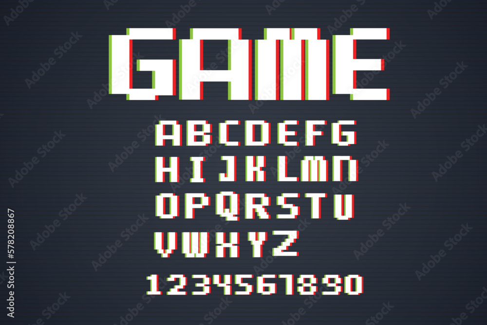 Aufkleber pixel retro arcade game style font design, 8 bit alphabet