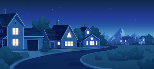 Empty suburban street with house at night landscape. Neighborhood residential house illustration dark background. Home in small town with stars in sky. Road through village and building in evening. - obrazy, fototapety, plakaty