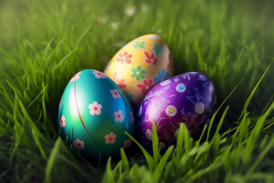 Colorful Easter Eggs on Grass, Macro Images