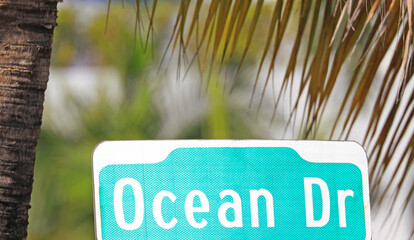 Ocean Drive street sign in Miami Beach, Florida, USA