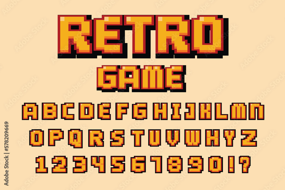 Aufkleber retro font and numbers. video computer game design 8 bit . vector alphabet