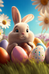 Fototapeta na wymiar Cute Bunny Holding Easter Eggs in Vibrant Colors