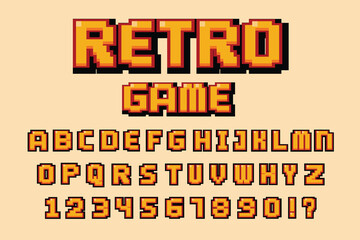 Retro font and numbers. Video computer game design 8 bit . Vector alphabet
