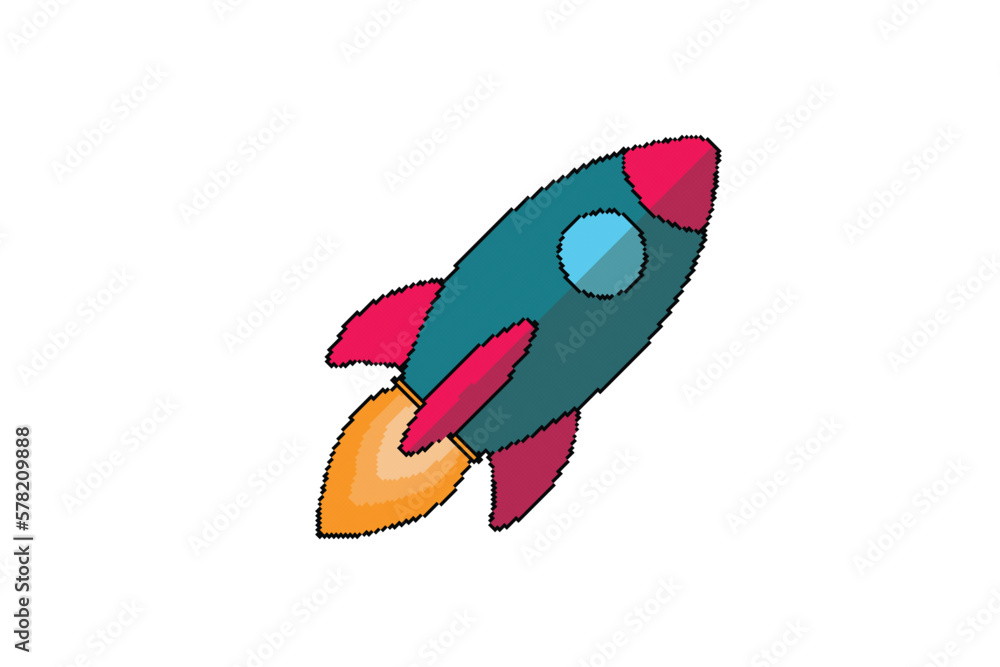 Poster rocket icon in retro game style. pixel art.