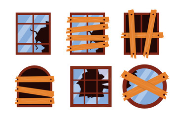 Set of broken windows in cartoon style. Vector illustration of windows with broken panes, boarded up as a result of natural disasters: earthquakes, fires, radiation isolated on a white background.