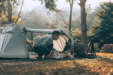 Man playing with dog in the morning during a camping trip in the forest on holiday. Vocation and...