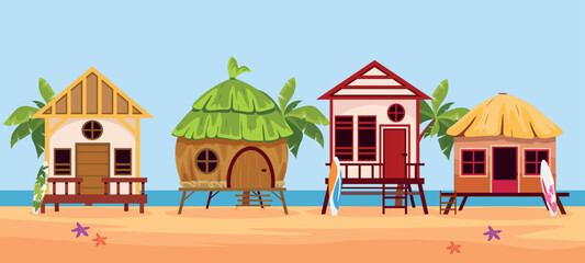 Vector illustration of beautiful tropical houses. Cartoon different tropical bungalows with palm trees, surfboards, starfish on the seashore. Huts on an exotic island in the ocean.