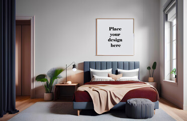 Bedroom interior with beige blanket and poster for mockup and copy space. Home decor. Generative AI