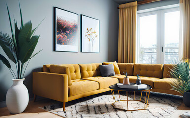 Yellow gold corner sofa in stylish apartment interior with grey wall, posters and curtain in window. Coffee table. Generative AI