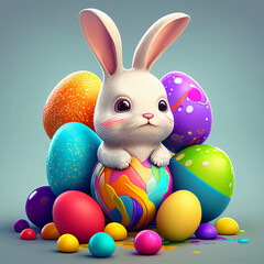 cute cartoon Easter bunny with many colorful painted eggs