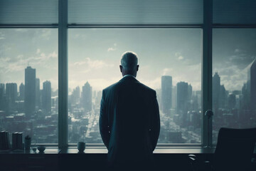 The Executive View: Businessman in Perfect Tailored Suit Strategizing for His e-Commerce Startup, Overlooking the Big City from His Office - Generative AI