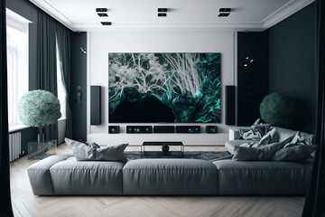 Interior of living room with contemporary TV, generative ai