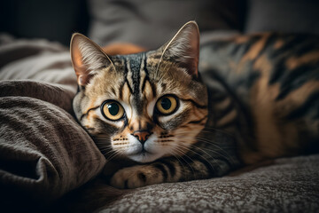 Fototapeta na wymiar Portrait Beautiful short hair cat lying on the sofa at home photography made with Generative AI
