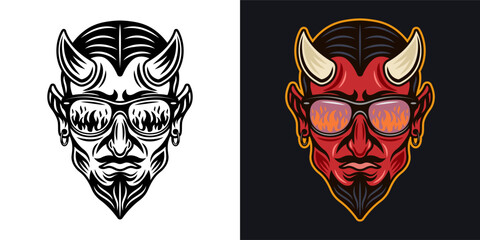 Devil in sunglasses that reflect flame. Vector illustration in two styles black on white and colorful on dark background