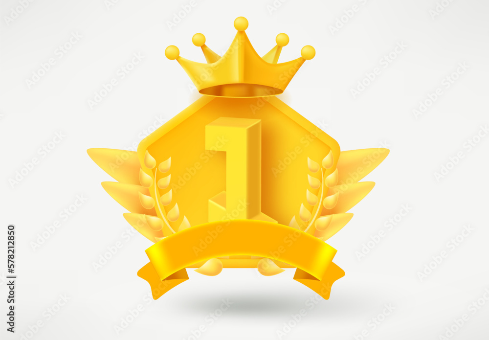 Poster golden game rank emblem with number 1 and wreath. game achievement 3d badge isolated on white backgr