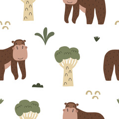 Seamless pattern with cute gorilla surrounded by tropical plants. Vector illustration in warm colors for your design © Ольга Агуреева