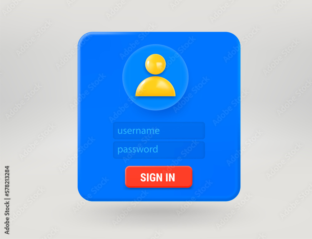 Aufkleber pop up window with sign in button. 3d vector illustration