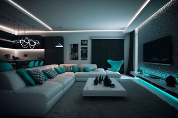 Interior of living room with contemporary TV, generative ai