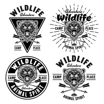 Bear set of monochrome emblems, badges, labels or logos for camping and outdoors on white background