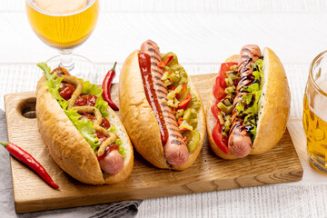 Various hot dog and beer
