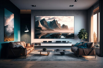 Fototapeta premium Transforming a Living Room into an Elegant Home Theater with a Big TV: Generative AI