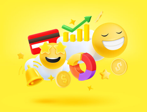 Digital business concept with icons and emojis. 3d vector illustration