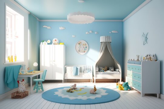 Baby's room in pale blue tones. Photo generative AI